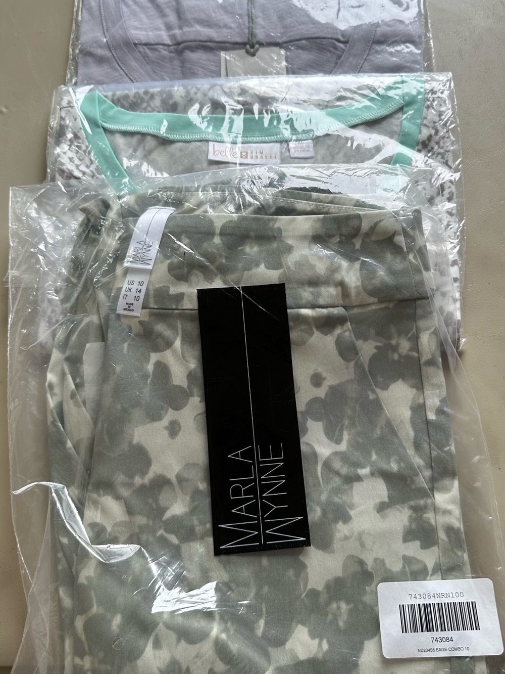 MarlaWynne Camouflage Pants in Soft Sage and Ivory with Malibu and Belle tops.